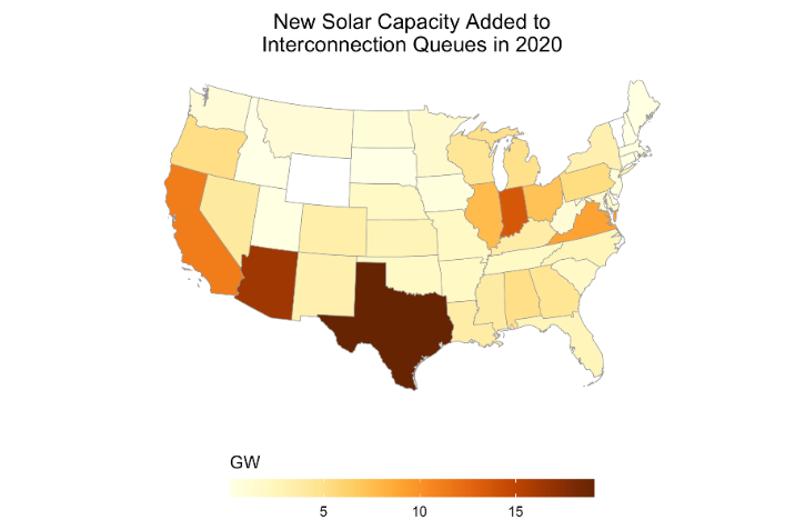 Proposed gigawatts of large-scale solar that’s expected to be added to the grid. Image is a map of the U.S., with states colored to show how much additional capacity will be added. Texas and Arizona are clear leaders, with Indiana coming third highest and California trailing behind. Courtesy of the Lawrence Berkeley National Laboratory.