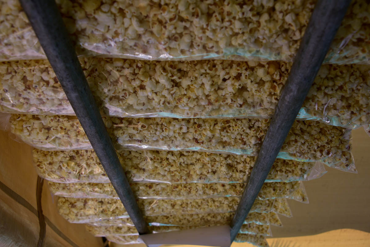 A long row of recently-filled kettle corn bags cool on a rack at the top Rairigh's state fair booth. The kettle corn is very pale and the background is the canvas of Rairigh's booth. Image credit: Justin Hicks, IPB News