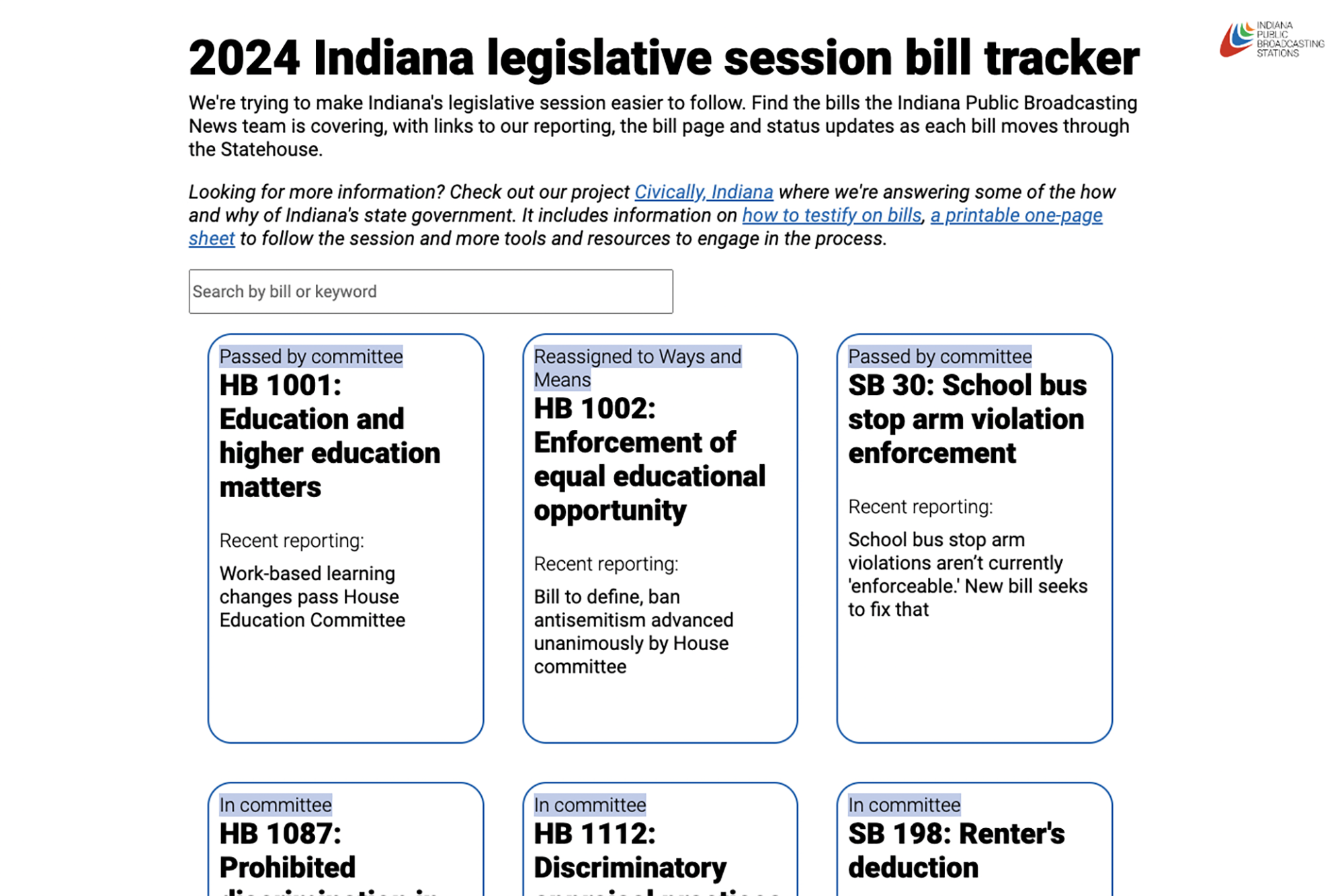 A screenshot of the bill tracker website. The headline reads: 2024 Indiana legislative session bill tracker. There is text under that and a three item row with bill numbers and their titles, with a light blue highlighted status of the legislation.