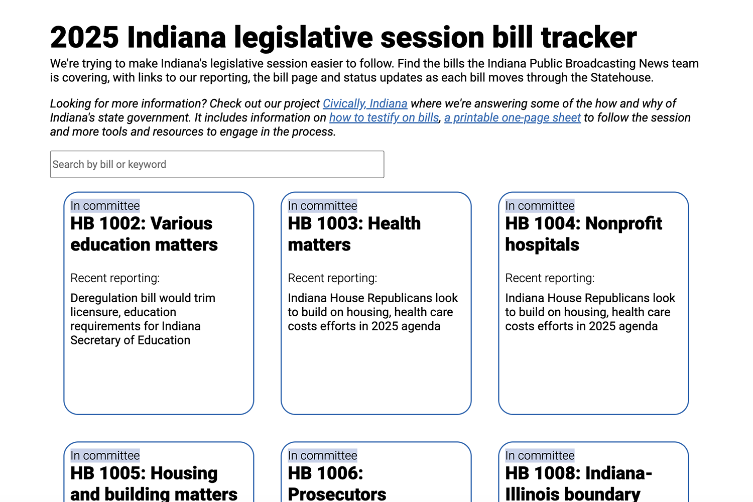 A screenshot of the bill tracker website. The headline reads: 2024 Indiana legislative session bill tracker. There is text under that and a three item row with bill numbers and their titles, with a light blue highlighted status of the legislation.