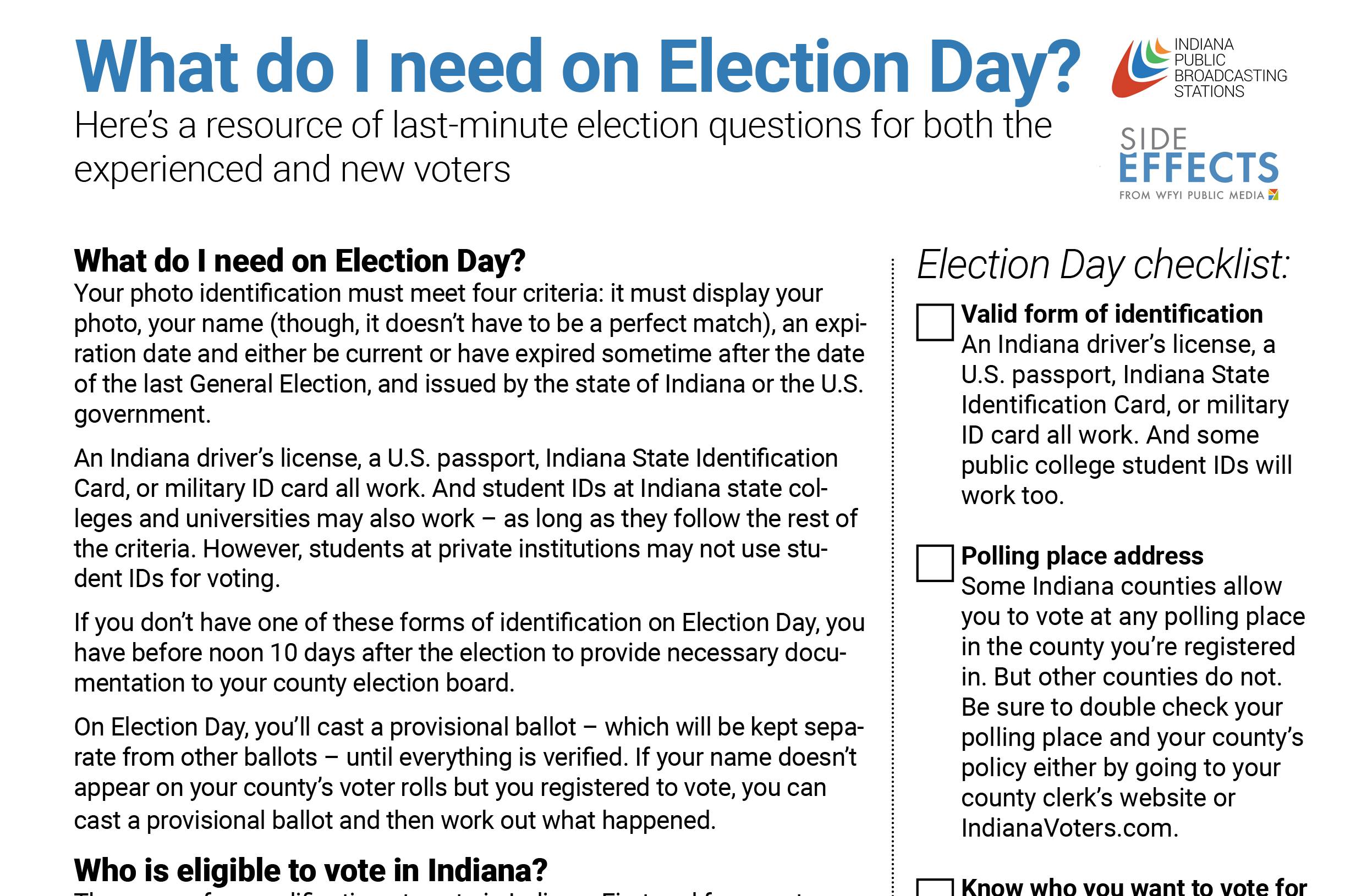 A screenshot the Election Day tip sheet. It is available as a PDF. If you're using a screen reader and it is not working, email lchapman@wfyi.org and I will personally send you the text of the document and fix that issue.