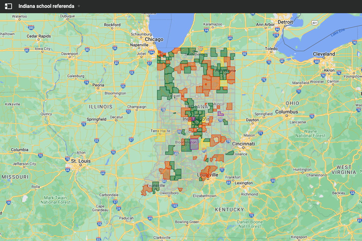 A screenshot a Google Map that has every Indiana school district and their history of school referenda.